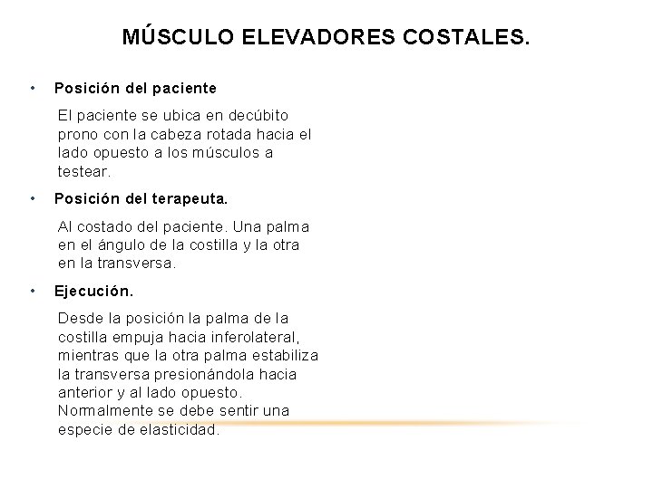 MÚSCULO ELEVADORES COSTALES. • Posición del paciente El paciente se ubica en decúbito prono