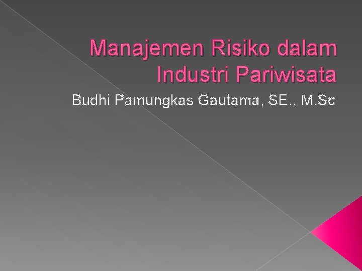Manajemen Risiko dalam Industri Pariwisata Budhi Pamungkas Gautama, SE. , M. Sc 
