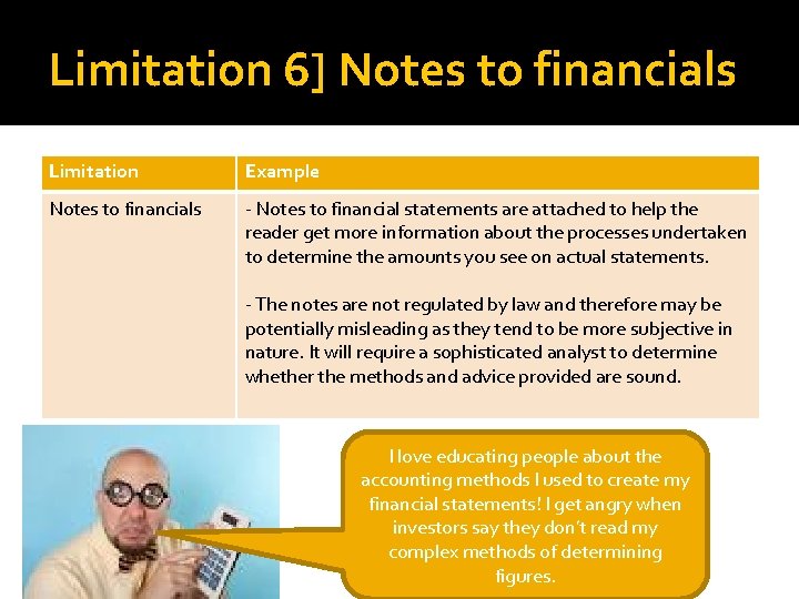 Limitation 6] Notes to financials Limitation Example Notes to financials - Notes to financial