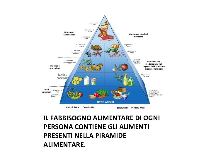 IL FABBISOGNO ALIMENTARE DI OGNI PERSONA CONTIENE GLI ALIMENTI PRESENTI NELLA PIRAMIDE ALIMENTARE. 