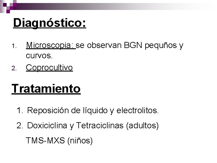 Diagnóstico: 1. 2. Microscopia: se observan BGN pequños y curvos. Coprocultivo Tratamiento 1. Reposición