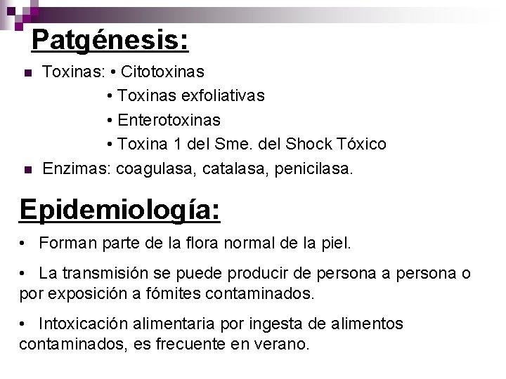 Patgénesis: n n Toxinas: • Citotoxinas • Toxinas exfoliativas • Enterotoxinas • Toxina 1