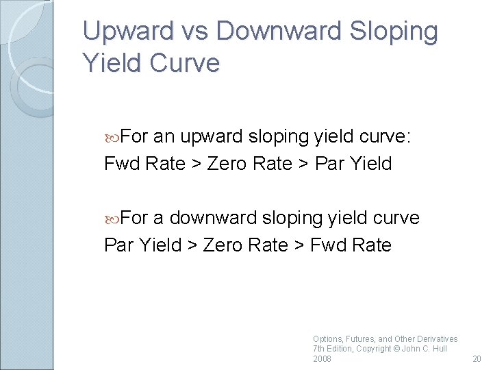 Upward vs Downward Sloping Yield Curve For an upward sloping yield curve: Fwd Rate