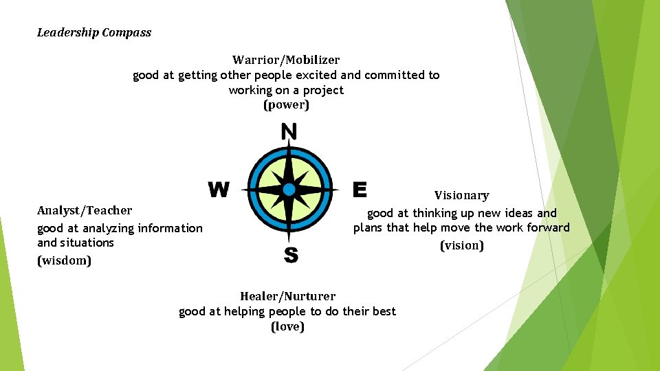 Leadership Compass Warrior/Mobilizer good at getting other people excited and committed to working on