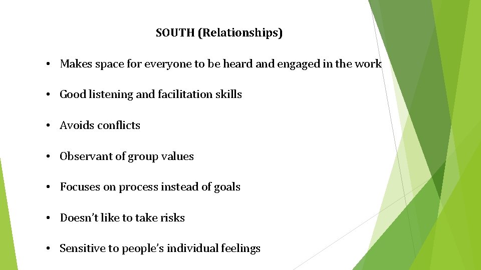 SOUTH (Relationships) • Makes space for everyone to be heard and engaged in the