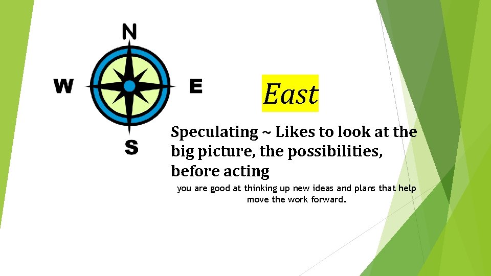 East Speculating ~ Likes to look at the big picture, the possibilities, before acting