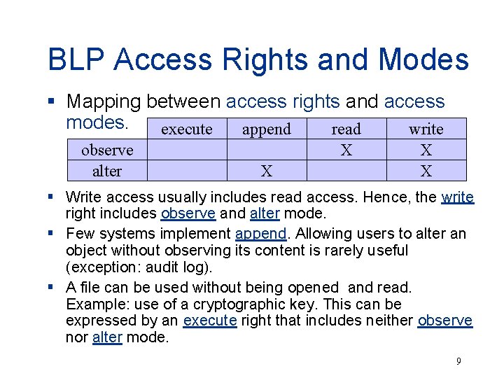 BLP Access Rights and Modes § Mapping between access rights and access modes. execute