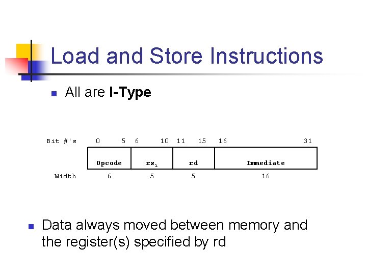 Load and Store Instructions n All are I-Type Bit #'s Width n 0 5