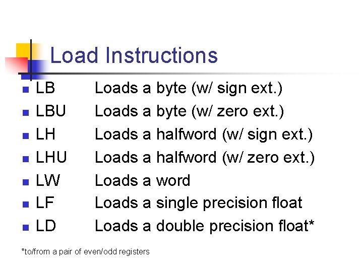 Load Instructions n n n n LB LBU LH LHU LW LF LD Loads