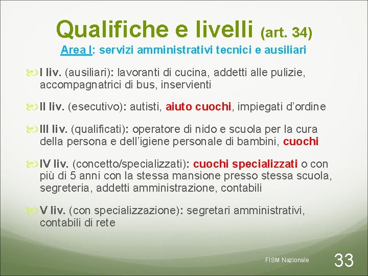 Qualifiche e livelli (art. 34) Area I: servizi amministrativi tecnici e ausiliari I liv.