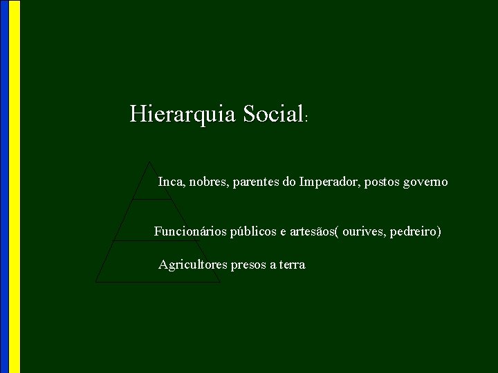 Hierarquia Social: Inca, nobres, parentes do Imperador, postos governo Funcionários públicos e artesãos( ourives,