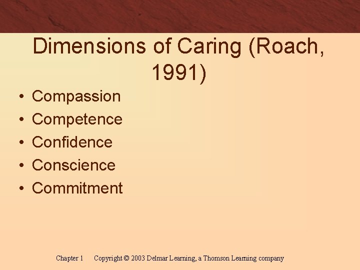 Dimensions of Caring (Roach, 1991) • • • Compassion Competence Confidence Conscience Commitment Chapter