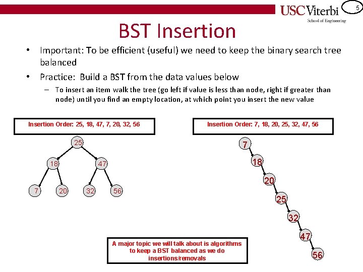 5 BST Insertion • Important: To be efficient (useful) we need to keep the