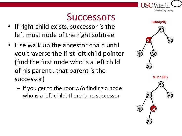 9 Successors • If right child exists, successor is the left most node of