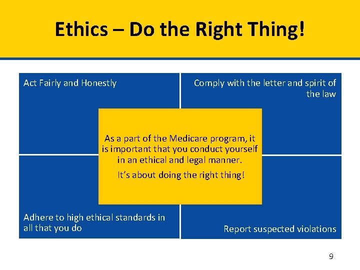 Ethics – Do the Right Thing! Act Fairly and Honestly Comply with the letter