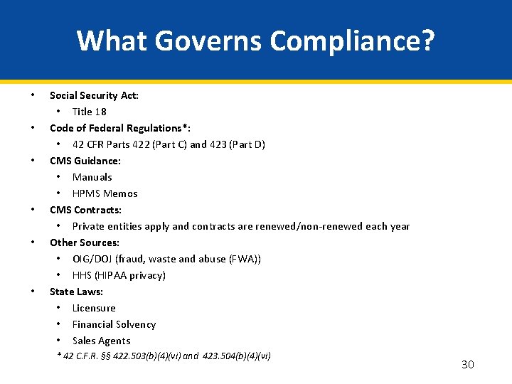 What Governs Compliance? • • • Social Security Act: • Title 18 Code of