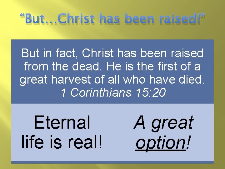 “But…Christ has been raised!” But in fact, Christ has been raised from the dead. “But…Christ has been raised!” But in fact, Christ has been raised from the dead.