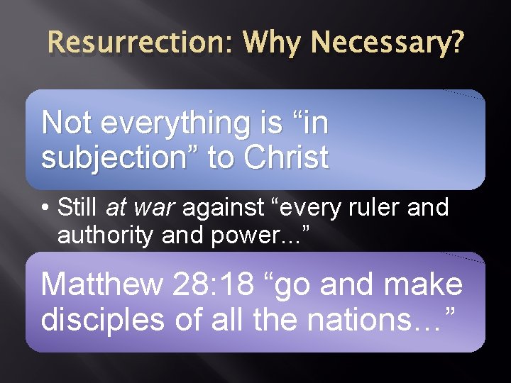Resurrection: Why Necessary? Not everything is “in subjection” to Christ • Still at war Resurrection: Why Necessary? Not everything is “in subjection” to Christ • Still at war