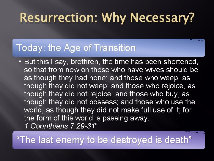 Resurrection: Why Necessary? Today: the Age of Transition • But this I say, brethren, Resurrection: Why Necessary? Today: the Age of Transition • But this I say, brethren,