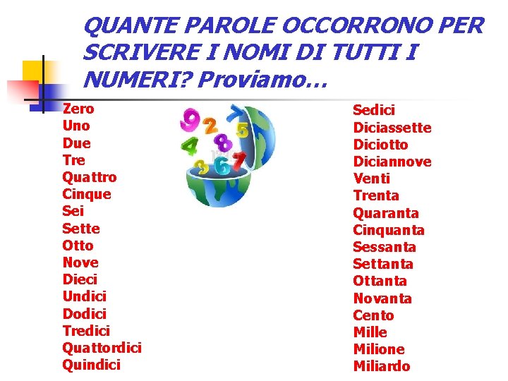 QUANTE PAROLE OCCORRONO PER SCRIVERE I NOMI DI TUTTI I NUMERI? Proviamo… Zero Uno