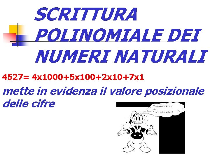 SCRITTURA POLINOMIALE DEI NUMERI NATURALI 4527= 4 x 1000+5 x 100+2 x 10+7 x