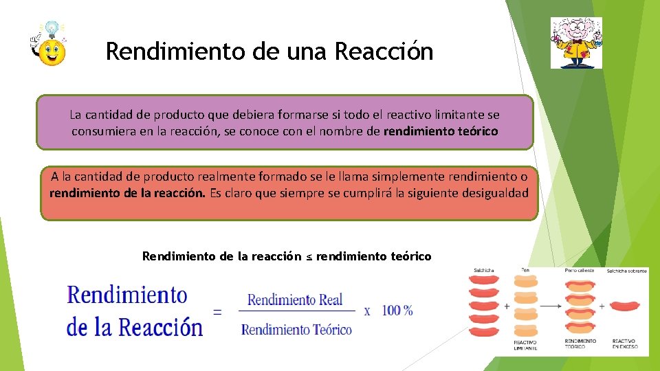 Rendimiento de una Reacción La cantidad de producto que debiera formarse si todo el