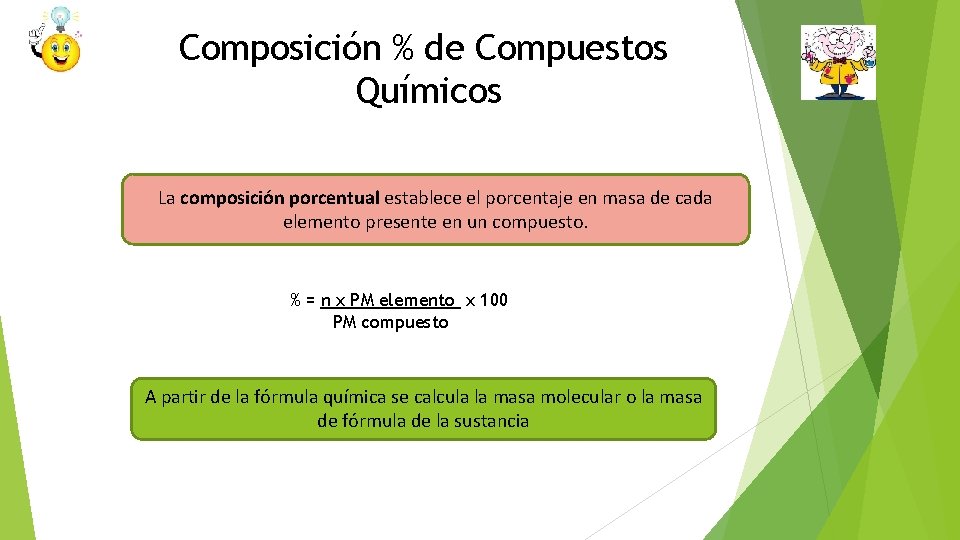 Composición % de Compuestos Químicos La composición porcentual establece el porcentaje en masa de