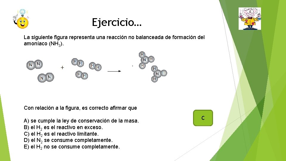 Ejercicio… La siguiente figura representa una reacción no balanceada de formación del amoníaco (NH