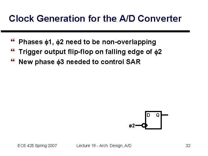 Clock Generation for the A/D Converter } Phases f 1, f 2 need to