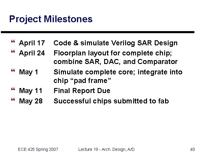 Project Milestones } April 17 } April 24 } May 11 } May 28