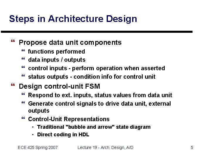 Steps in Architecture Design } Propose data unit components } } functions performed data