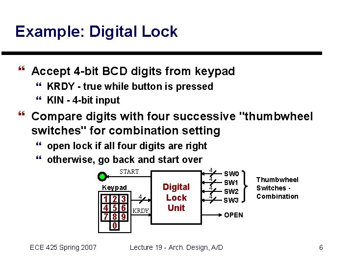 Example: Digital Lock } Accept 4 -bit BCD digits from keypad } KRDY -