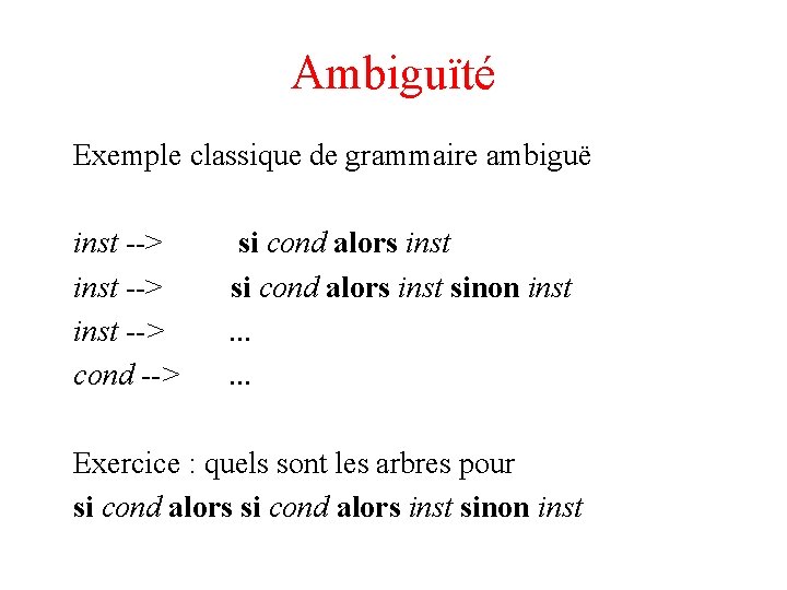 Ambiguïté Exemple classique de grammaire ambiguë inst --> cond --> si cond alors inst