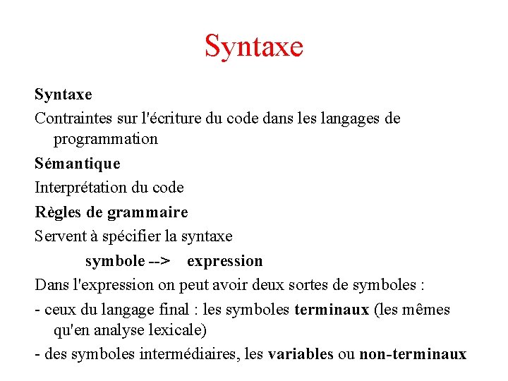 Syntaxe Contraintes sur l'écriture du code dans les langages de programmation Sémantique Interprétation du