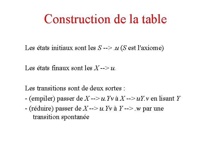 Construction de la table Les états initiaux sont les S -->. u (S est