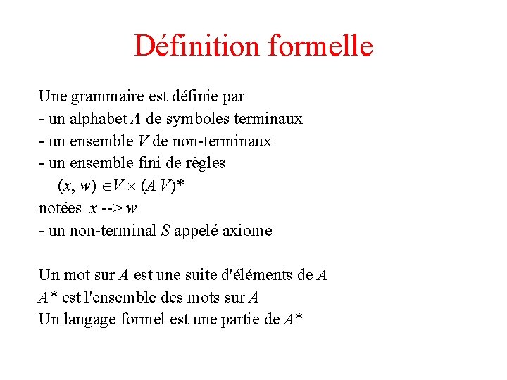 Définition formelle Une grammaire est définie par - un alphabet A de symboles terminaux