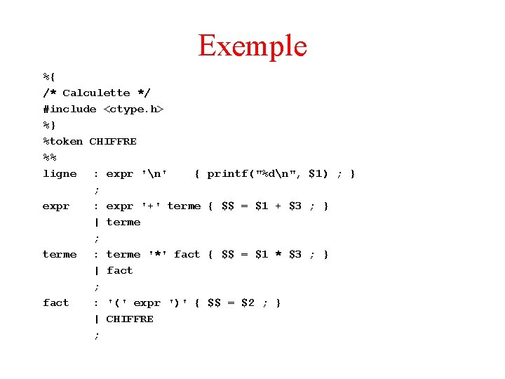Exemple %{ /* Calculette */ #include <ctype. h> %} %token CHIFFRE %% ligne :