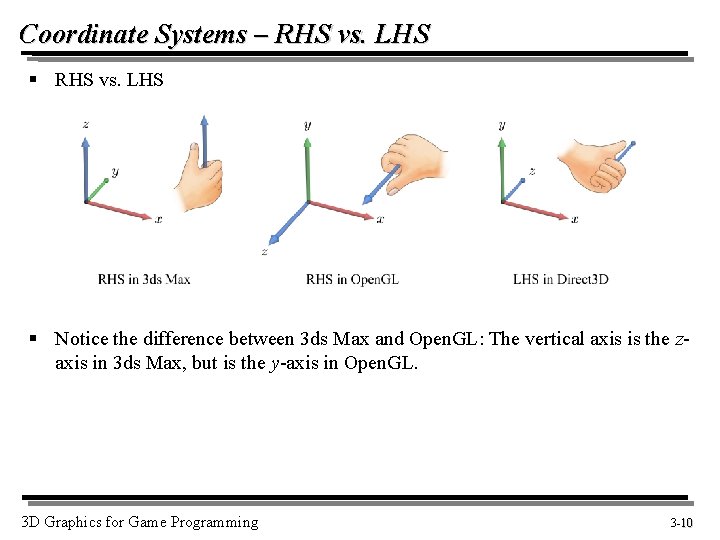 Coordinate Systems – RHS vs. LHS § Notice the difference between 3 ds Max
