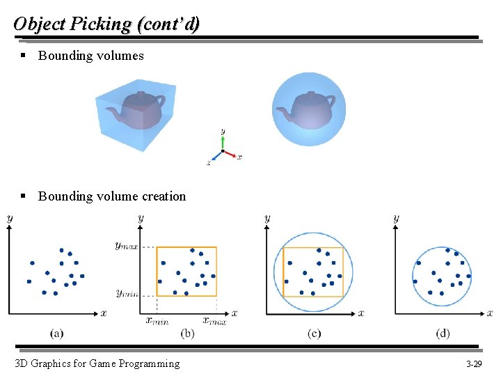 Object Picking (cont’d) § Bounding volumes § Bounding volume creation 3 D Graphics for