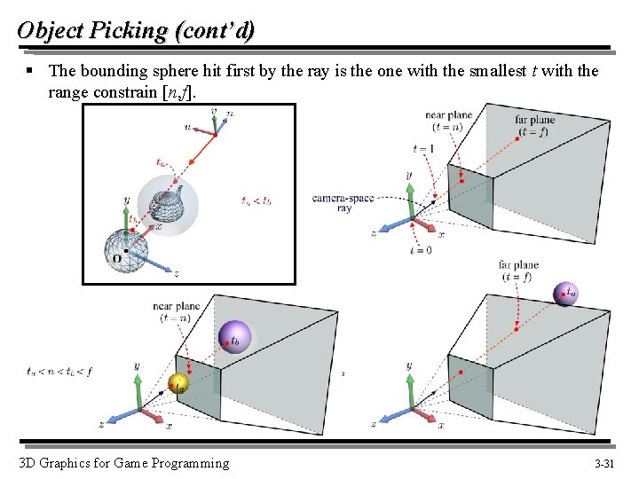 Object Picking (cont’d) § The bounding sphere hit first by the ray is the