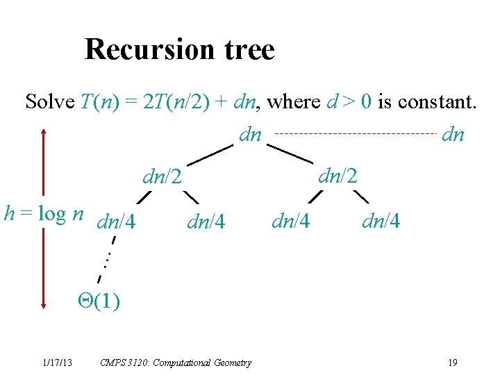 Recursion tree Solve T(n) = 2 T(n/2) + dn, where d > 0 is