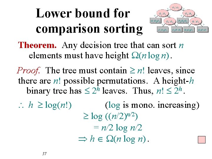 Lower bound for comparison sorting Theorem. Any decision tree that can sort n elements