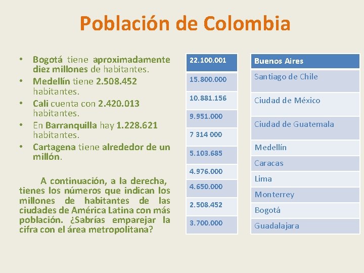 Población de Colombia • Bogotá tiene aproximadamente diez millones de habitantes. • Medellín tiene