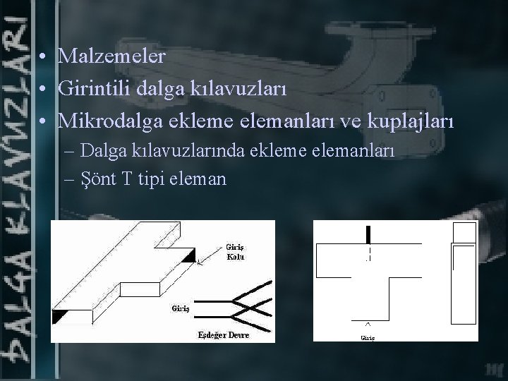  • Malzemeler • Girintili dalga kılavuzları • Mikrodalga ekleme elemanları ve kuplajları –