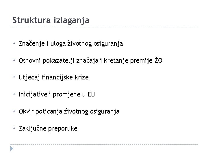 Struktura izlaganja Značenje i uloga životnog osiguranja Osnovni pokazatelji značaja i kretanje premije ŽO