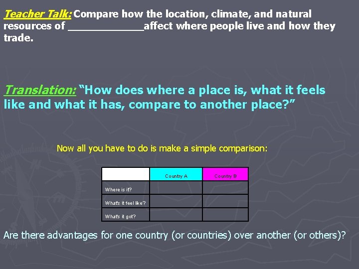 Teacher Talk: Compare how the location, climate, and natural resources of ______affect where people