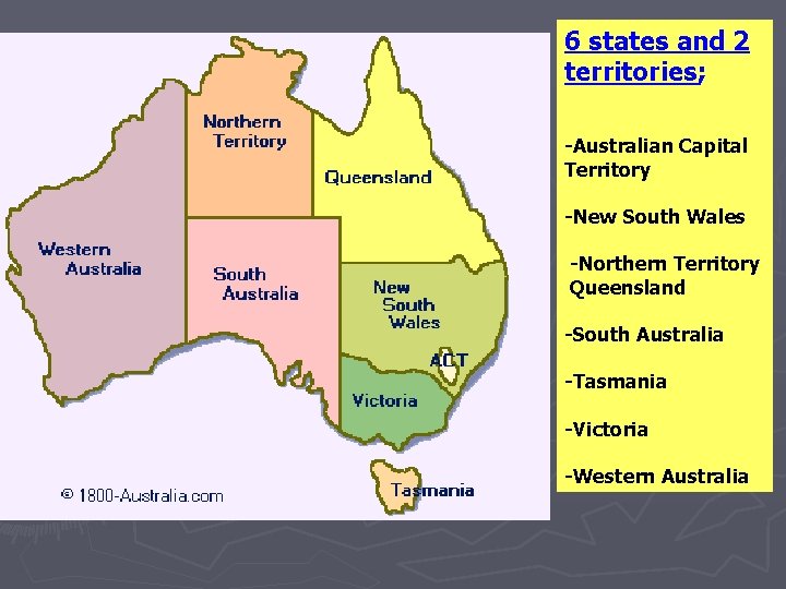 6 states and 2 territories; -Australian Capital Territory -New South Wales -Northern Territory Queensland