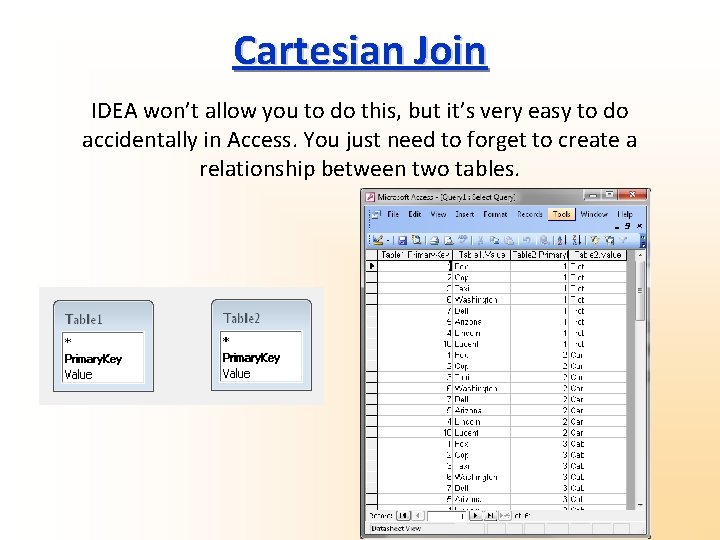 Cartesian Join IDEA won’t allow you to do this, but it’s very easy to