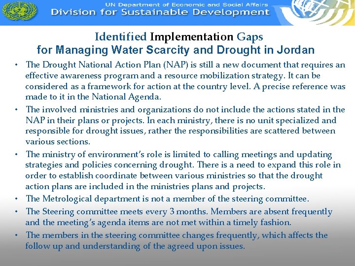 Identified Implementation Gaps for Managing Water Scarcity and Drought in Jordan • The Drought