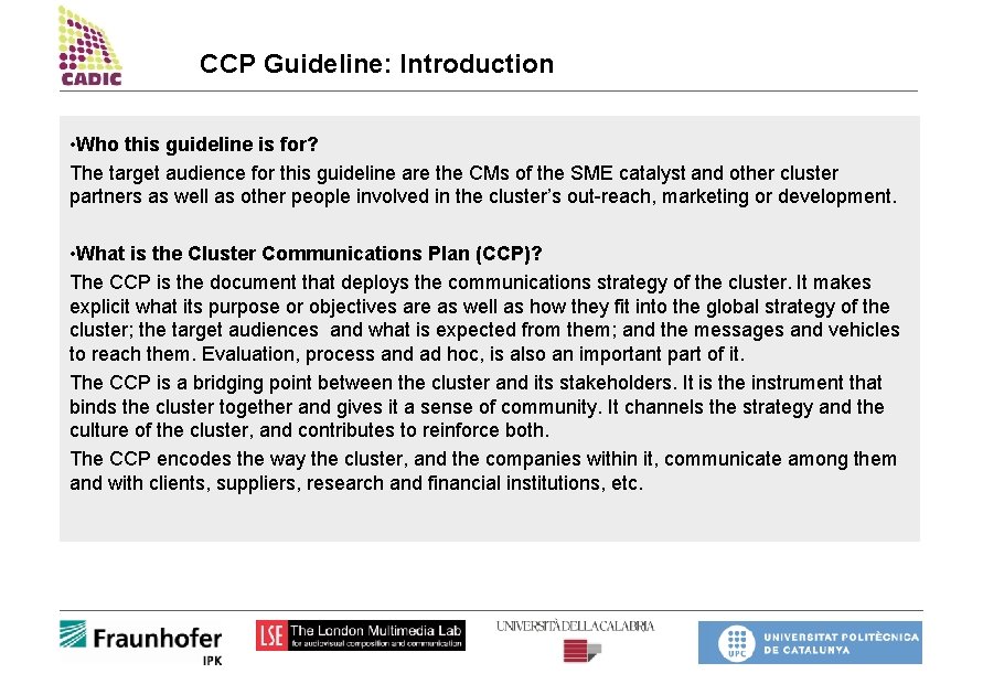 CCP Guideline: Introduction • Who this guideline is for? The target audience for this